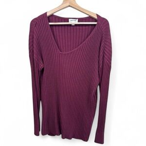 Open Edit Size S Ribbed Knit V-Neck Long Sleeve Top Burgundy Asymmetrical Neck